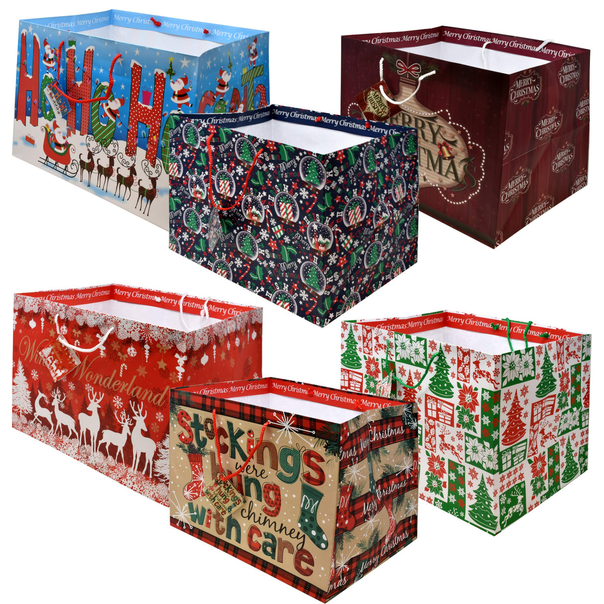Gift Boutique 12 Jumbo Christmas Tote Bags with Handles 15" Wide X 11" High X 11" Deep Extra Wide Large Giant Reusable Grocery Shopping Paper Bags Big Gusset for Food Cookie Container & Foil Tin Pan Gift Boutique