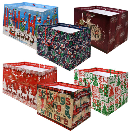 Gift Boutique 12 Jumbo Christmas Tote Bags with Handles 15" Wide X 11" High X 11" Deep Extra Wide Large Giant Reusable Grocery Shopping Paper Bags Big Gusset for Food Cookie Container & Foil Tin Pan Gift Boutique