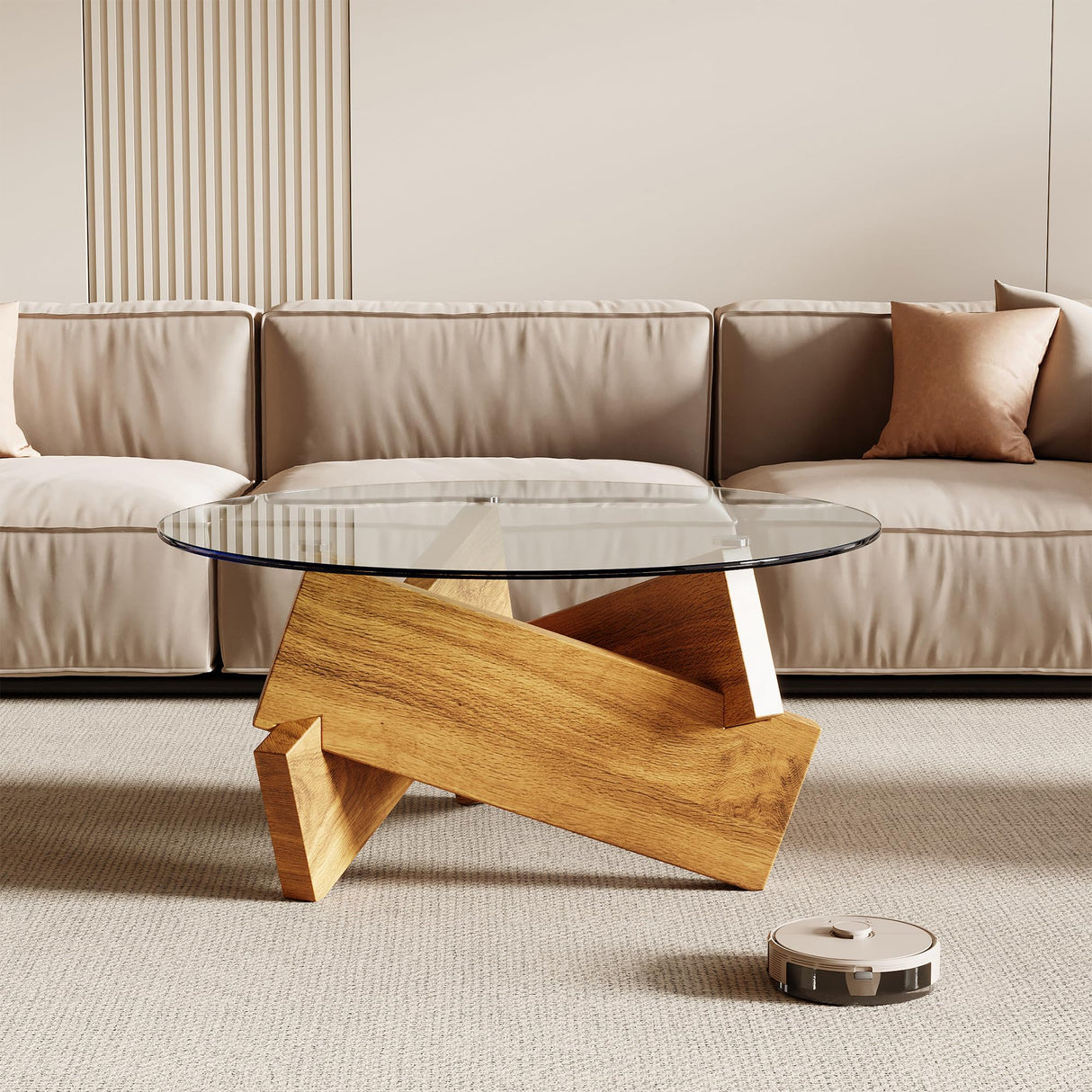 Honyee Modern Round Coffee Table, 30.7" x 30.7" x 16.1" Tempered Glass Top for Living Room, Color: Natural Wood Honyee