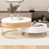 Modern Round Lift-top Nesting Coffee Tables with 2 Drawers for Living Room White & Natural Flieks
