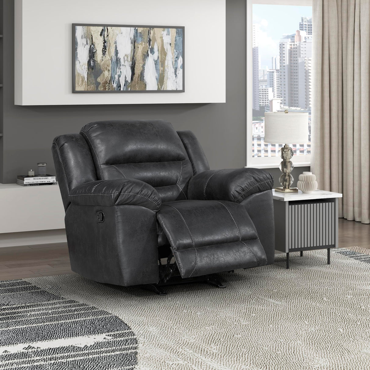 Lexicon Rocker Recliner Chair for Living Room, Wall Hugger Manual Recliner Chairs, Textured Microfiber Upholstered Rocking Reclining Chair, Home Theater Seating, Required Assembly, Black Lexicon