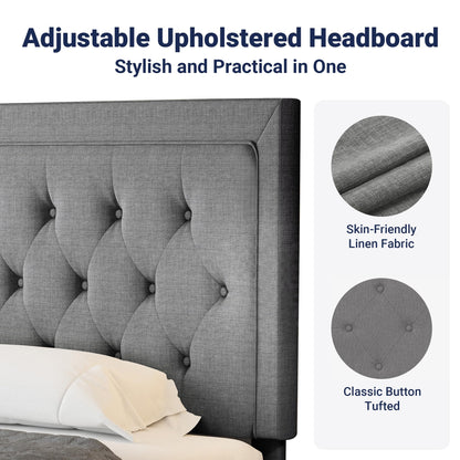 Allewie Full Size Bed Frame Upholstered Platform Bed with Adjustable Headboard, Button Tufted, Wood Slat Support, Easy Assembly, Light Grey