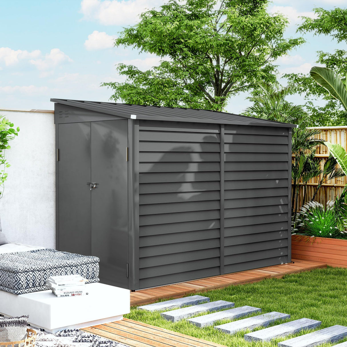 Outsunny 4.6' x 9' Steel Outdoor Storage Shed, Lean to Shed, Metal Tool House with Foundation Kit, Lockable Doors, Gloves and 2 Air Vents for Backyard, Patio, Lawn, Dark Gray Outsunny