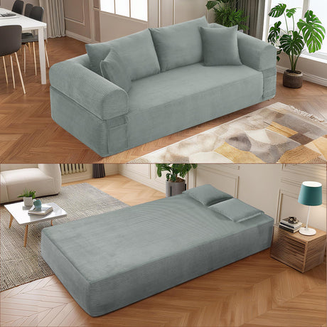 83" Modern Sofa in a Box, No Assembly Oversized 3 Seater 28" Deep Seat Cloud Sofa Bed Couch with 4 Furry Pillows & Corduroy Fabric, Boneless Couch with Side Storage Pockets for Living Room, Light grey Zyerch