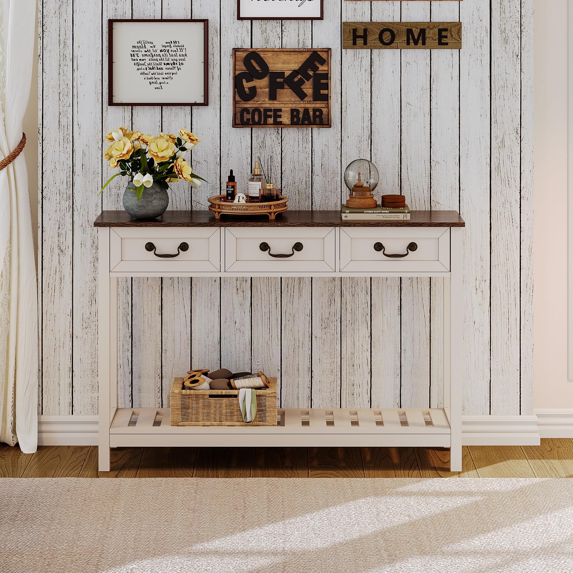 ChooChoo 47" Farmhouse Console Table with 3 Drawers, Rustic Entryway Table, Narrow Long Sofa Table for Living Room, Hallway, Behind Couch, Soft White and Brown - WoodArtSupply