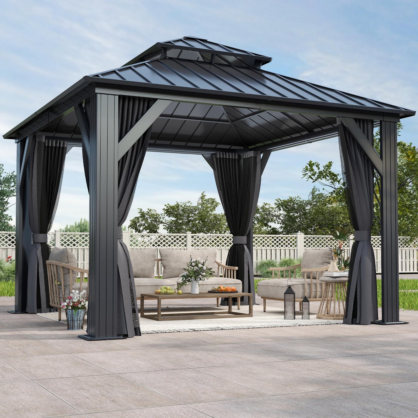 GARTOO 10x10FT Outdoor Hardtop Gazebo with Double Roof - Heavy-Duty Galvanized Steel Top Aluminum Frame Gazebo with Breathable Netting & Privacy Curtain for Patio, Porch, Garden, Lawn, Deck,  - WoodArtSupply