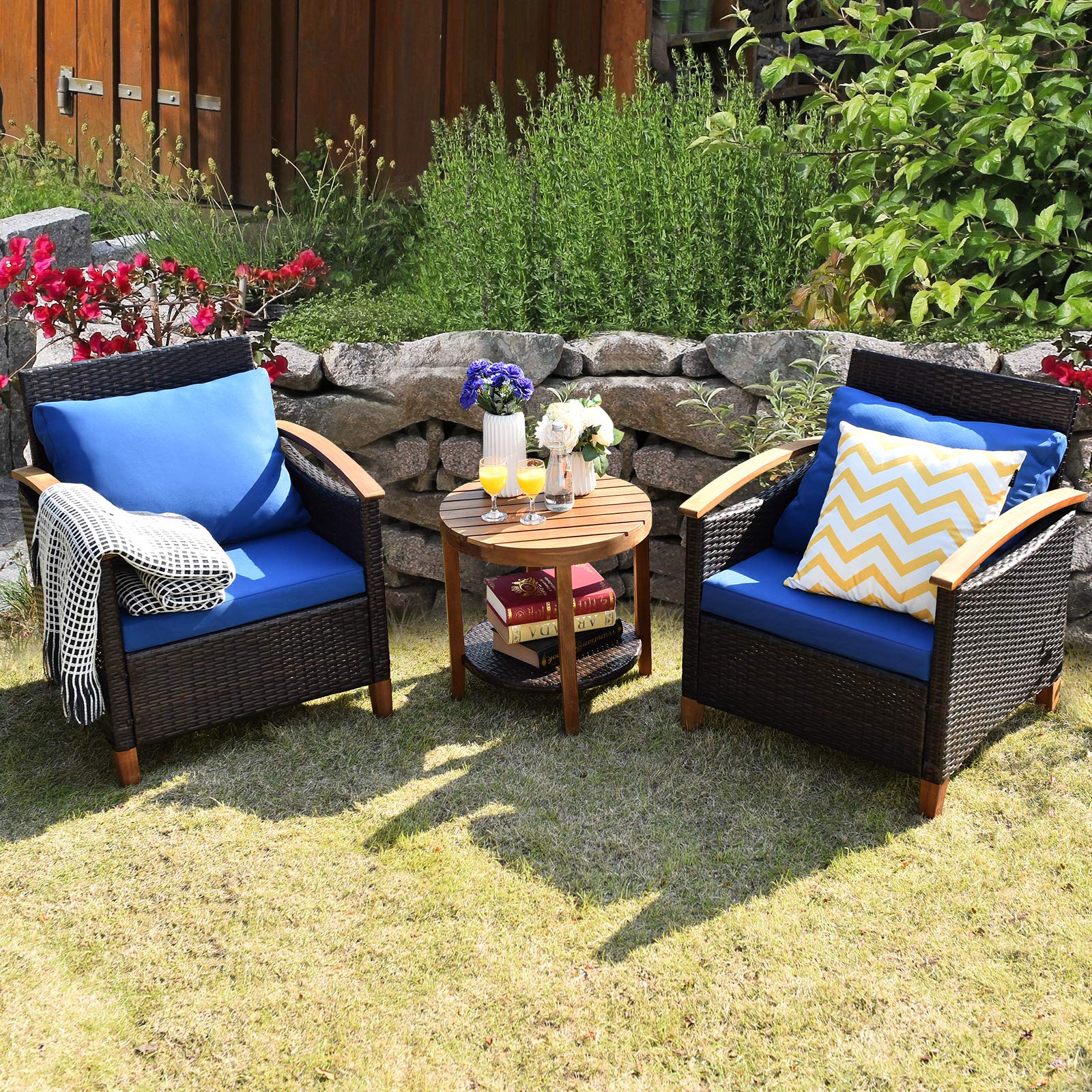 Tangkula 3 Pieces Patio Furniture Set, Outdoor Rattan Sofa and Side Table w/Solid Acacia Wood Frame, High Load Bearing Conversation Bistro Set w/Washable and Removable Cushions (Navy Blue) - WoodArtSupply