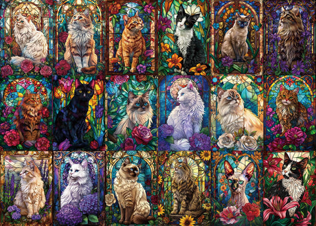 BUHAH Stained Glass Cat Puzzles for Adults 1000 Pieces Colorful Flower Art Jigsaw Puzzles Animal Collage Plant Floral for Decoration BUAHA