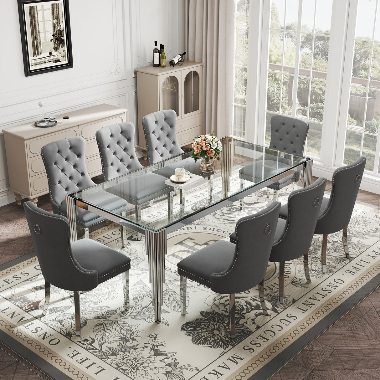 9 Piece Glass Dining Table Set for 8, 81" Rectangle Kitchen Table with 8 Gray Velvet Upholstered Chairs, Tempered Glass Tabletop with Stainless Steel Legs, for Kitchen and Dining Room, Silver Clear AMHDDT