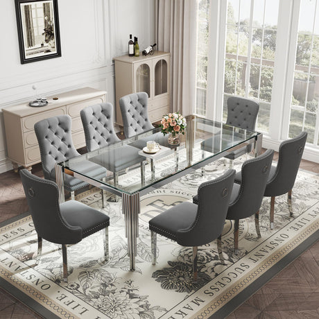 9 Piece Glass Dining Table Set for 8, 81" Rectangle Kitchen Table with 8 Gray Velvet Upholstered Chairs, Tempered Glass Tabletop with Stainless Steel Legs, for Kitchen and Dining Room, Silver Clear AMHDDT