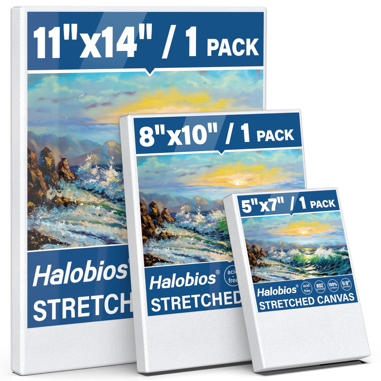 Halobios Stretched Canvases for Painting with 11x14 Inch, 5x7 Inch, 8x10, Painting Canvas for Acrylics,Oils & Other Painting Media, 5/8 Inch Profile 100% Cotton Artist Framed Canvas(3 Packs) Halobios