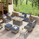 SUNSITT Outdoor Furniture Set with Fire Pit Table Wicker Patio Conversation Set 9-Piece Patio Sectional Furniture Set with Gas Firepit with Swivel Patio Chair Grey Wicker & Denim Blue Cushion SUNSITT