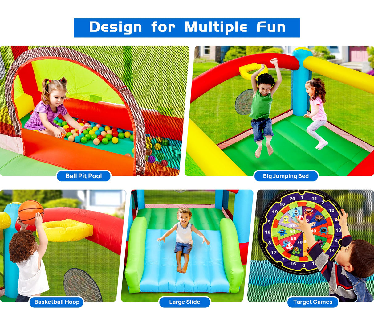 WELLFUNTIME Bounce House, Inflatable Bouncer with Air Blower, Kids Slide Jumping Castle with Slide, Ball Pit and Dart Target Game, 143x137x68 Inch WELLFUNTIME