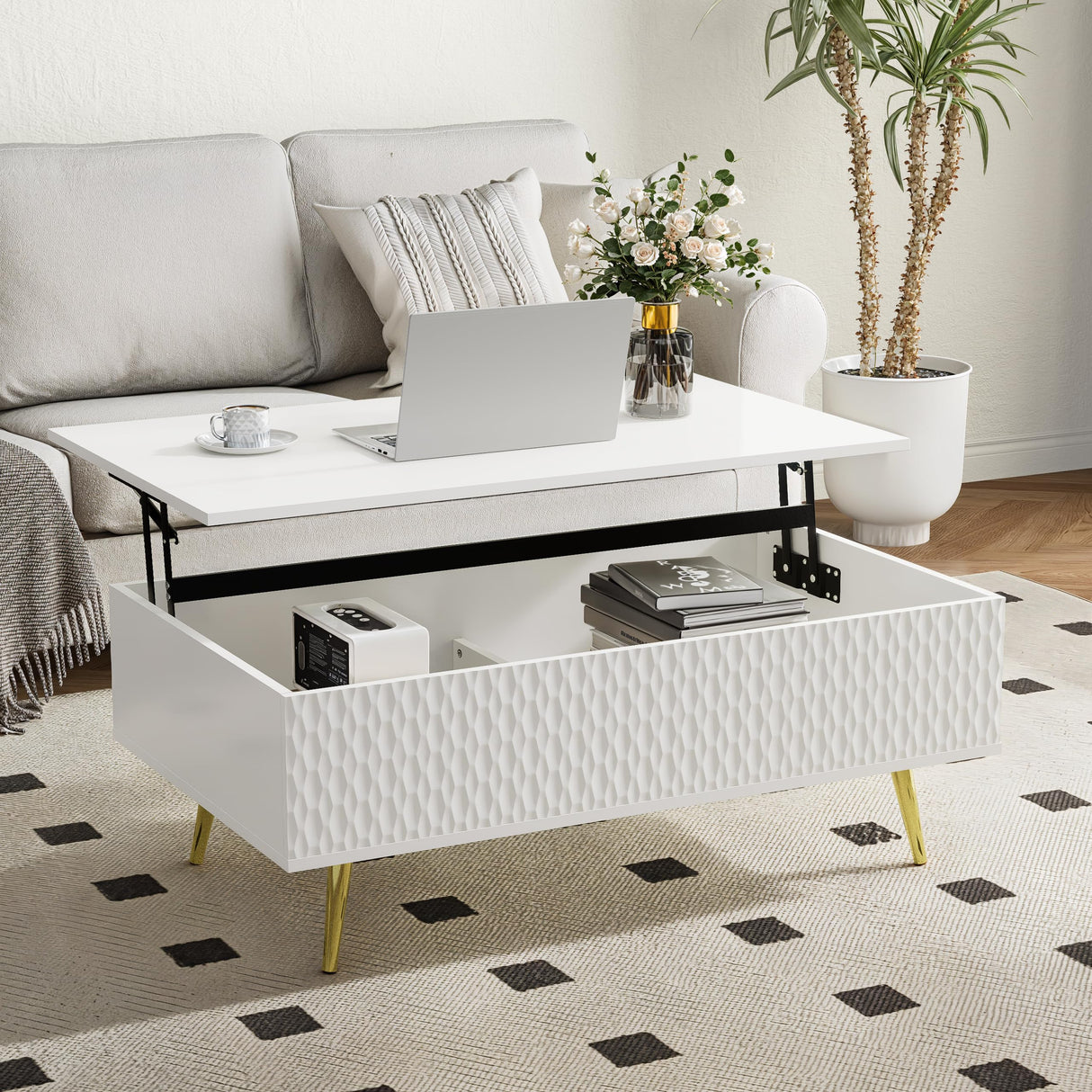 Modern Lift Top Coffee Table，39.37" White Mid Century Coffee Table with Lifting Top for Living Room, Wooden Carved Center Table with Hidden Storage Metal Legs, Fluted Panel, Adjusting to Dining Table VOXANOXI