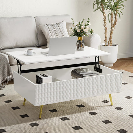 Modern Lift Top Coffee Table，39.37" White Mid Century Coffee Table with Lifting Top for Living Room, Wooden Carved Center Table with Hidden Storage Metal Legs, Fluted Panel, Adjusting to Dining Table VOXANOXI