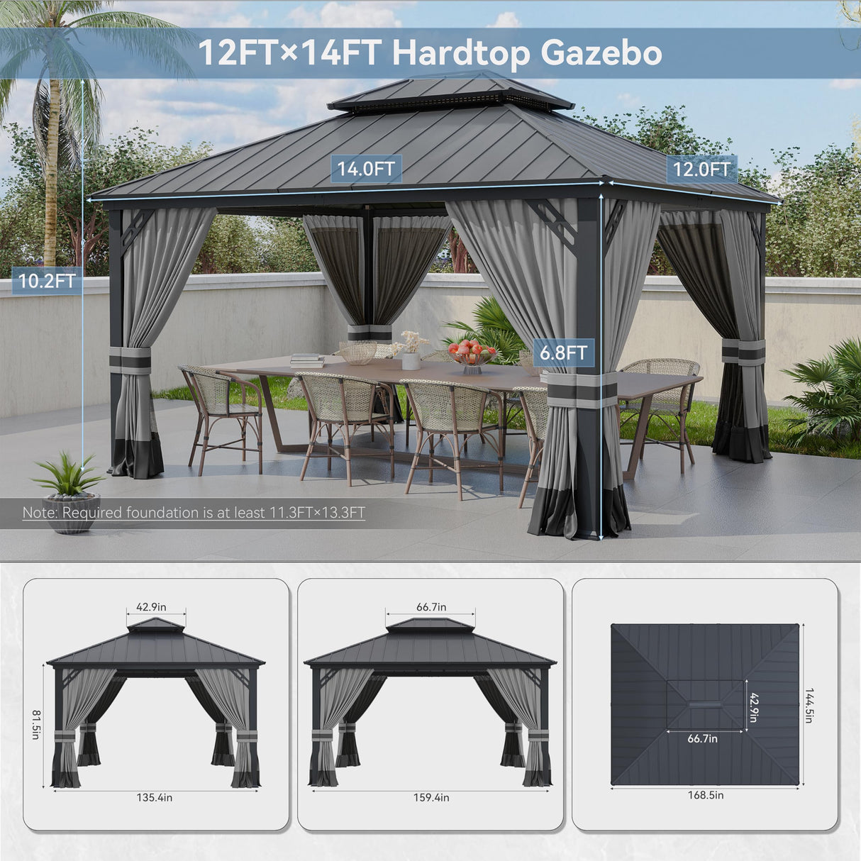 Kurapika 12' x 14' Hardtop Outdoor Metal Gazebo with Galvanized Steel Double Roof Canopy, Curtain and Netting, Aluminum Permanent Pavilion Gazebo, Grey Kurapika