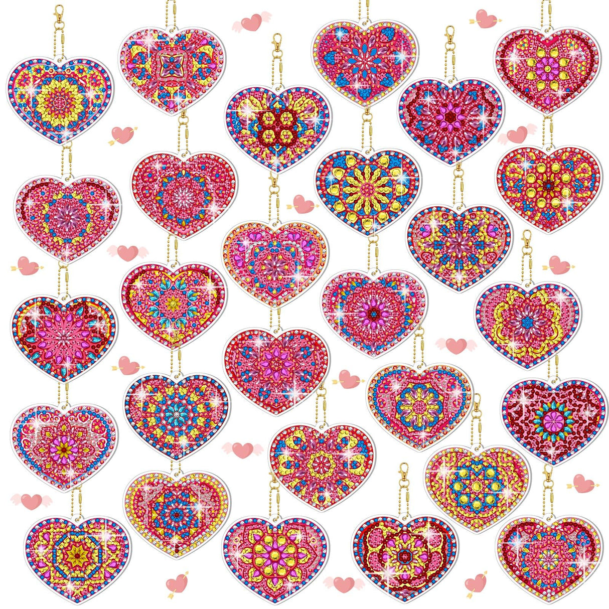 Ferreve 28 Pcs Heart Diamond Painting Keychain Kits Double Sided DIY Heart Diamond Art Keychain Ornaments for Adults Gem Key Ring Art Pendant Decor Crafts Accessories Gifts Ferreve