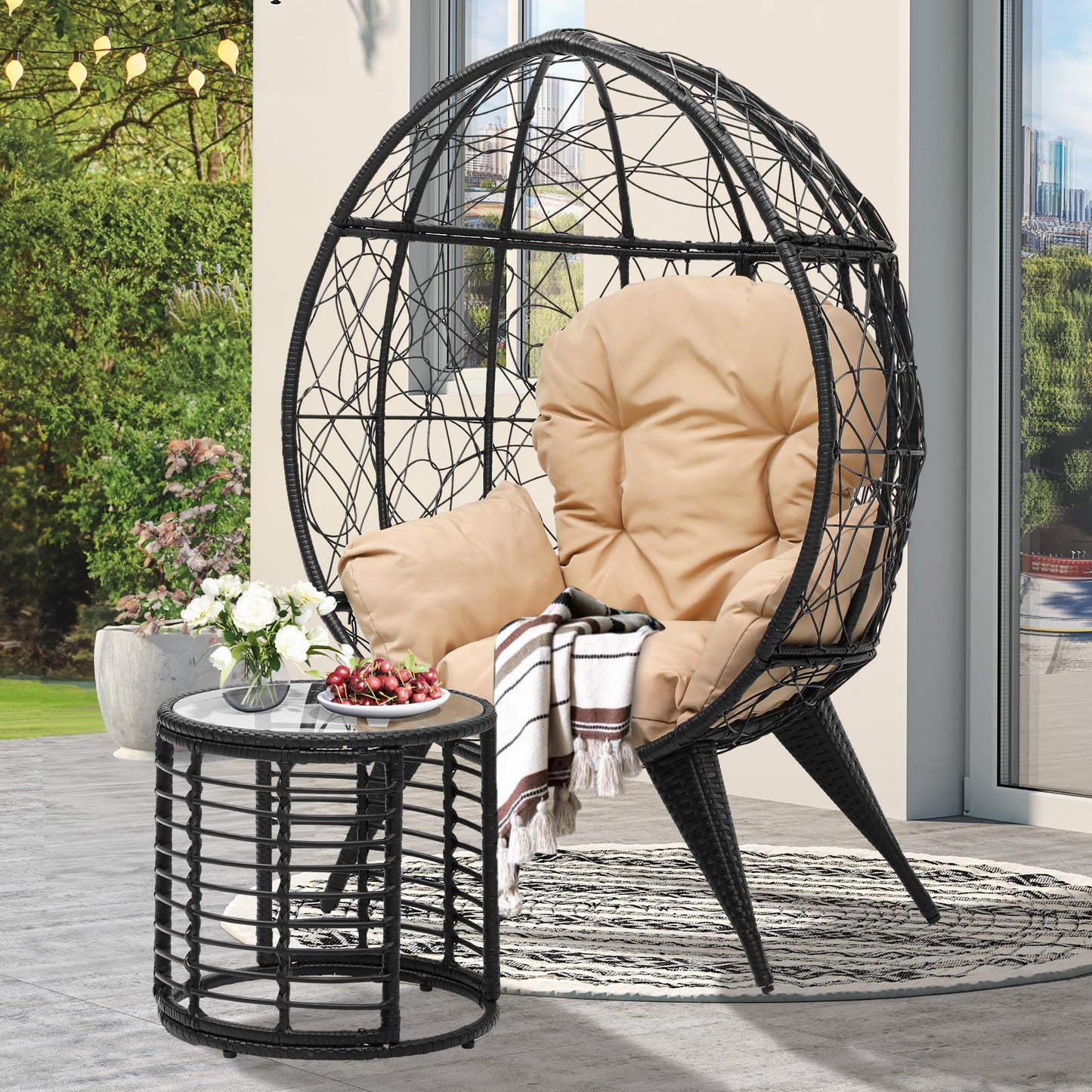 YITAHOME Egg Chair with Table Outdoor Egg Lounge Chair with Cushion Wicker Chair PE Rattan Chair Table Included for Patio, Garden, Backyard, Porch, Beige