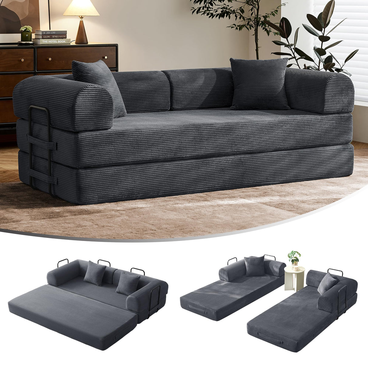 79" Convertible Sofa Bed with Fixed-Shape Frame & Removable Armrests, Modular Corduroy Sleeper Sofa, Folding Mattress Couch for Small Spaces - No Assembly Needed in Dark Gray (Includes 2 Pillows) SAVENICA