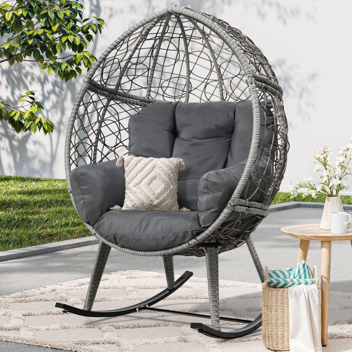 YITAHOME Wicker Rocking Egg Chair, Outdoor Patio Rocking Chair with 5.9in Thick Cushion, 250lb Capacity, Anti-Slip, All-Weather Resilient Egg Lounger Chair for Indoor & Outdoor, Grey(1 Pack only) YITAHOME