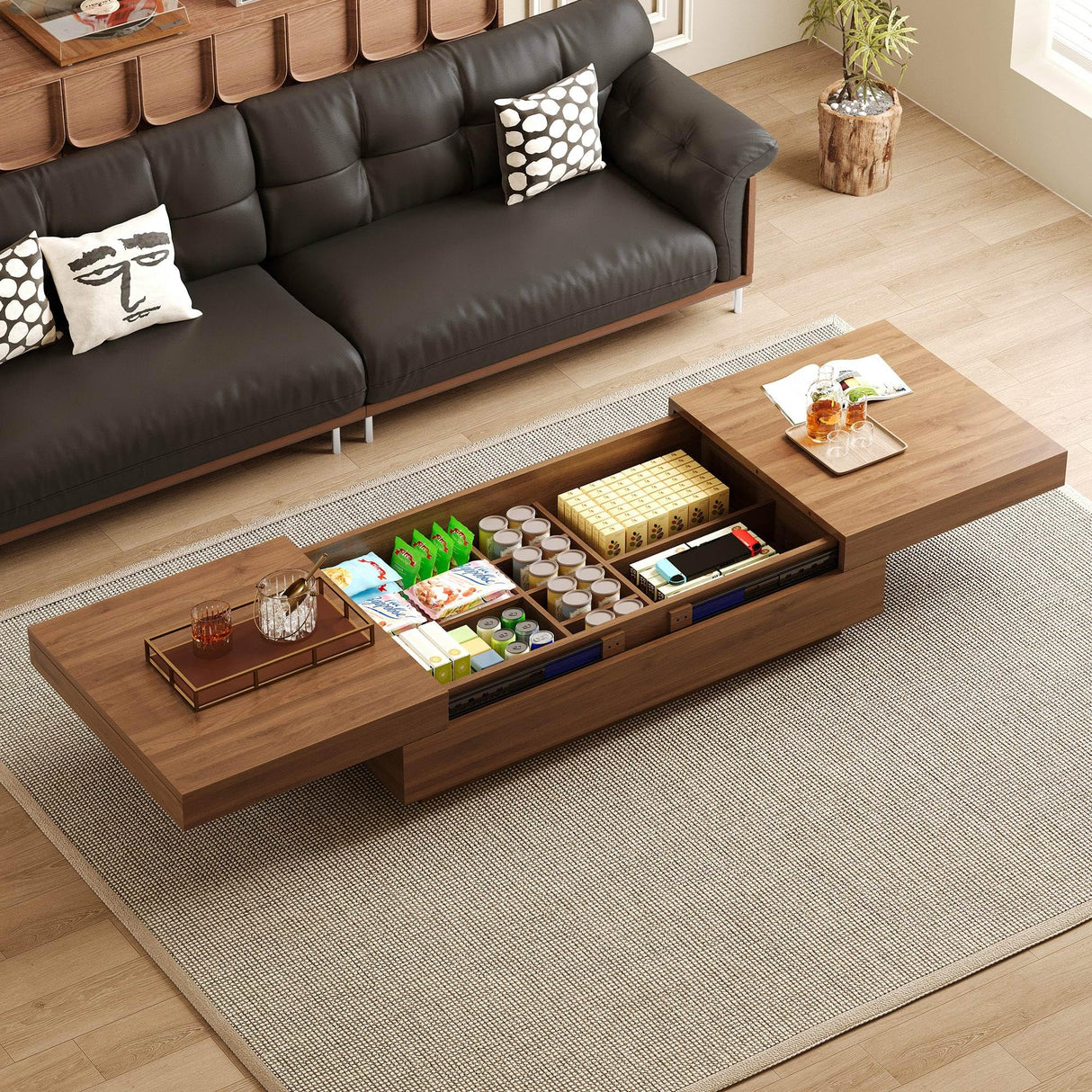 Mid-Century Modern Expandable Coffee Table, 47.2"-81.8" Adjustable Walnut Center Table with Large Hidden Storage for Living Room NessCarsti