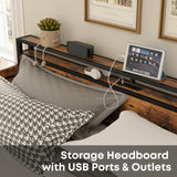 LIKIMIO Vintage Brown King Bed Frame with Storage Headboard and Charging Station LIKIMIO