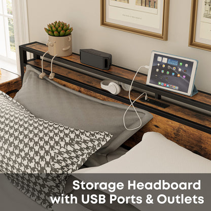 LIKIMIO Vintage Brown King Bed Frame with Storage Headboard and Charging Station - WoodArtSupply