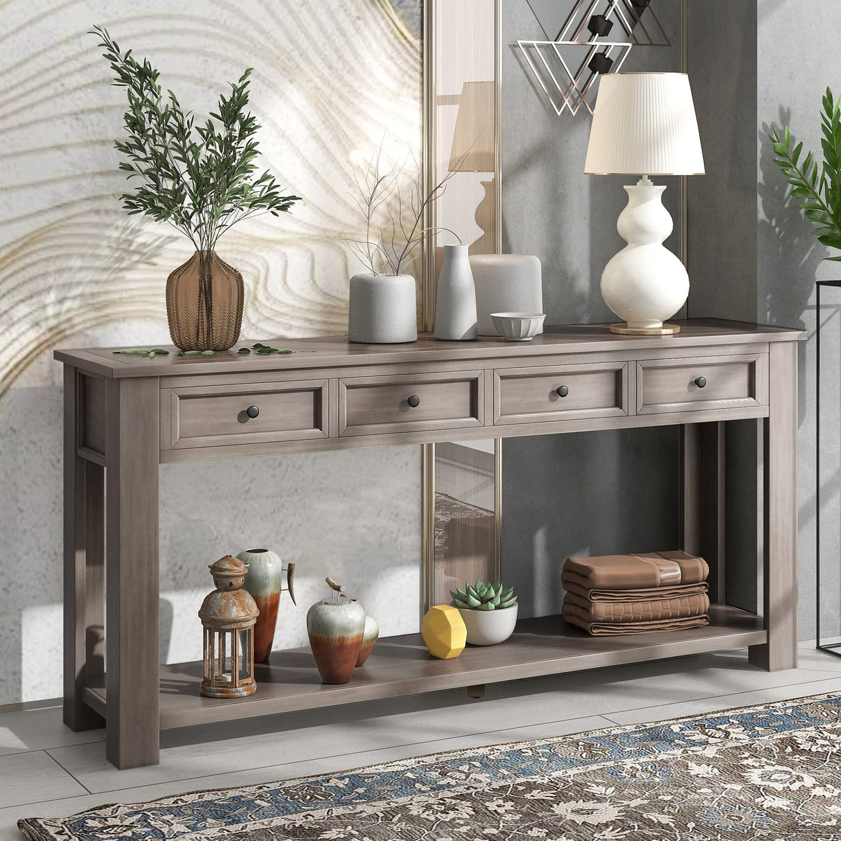 Console Table Hallway Sofa Entryway Side Table 63" Long Furniture with 4 Drawers and Bottom Shelf for Living Room Home Decor (Gray Wash) Knocbel