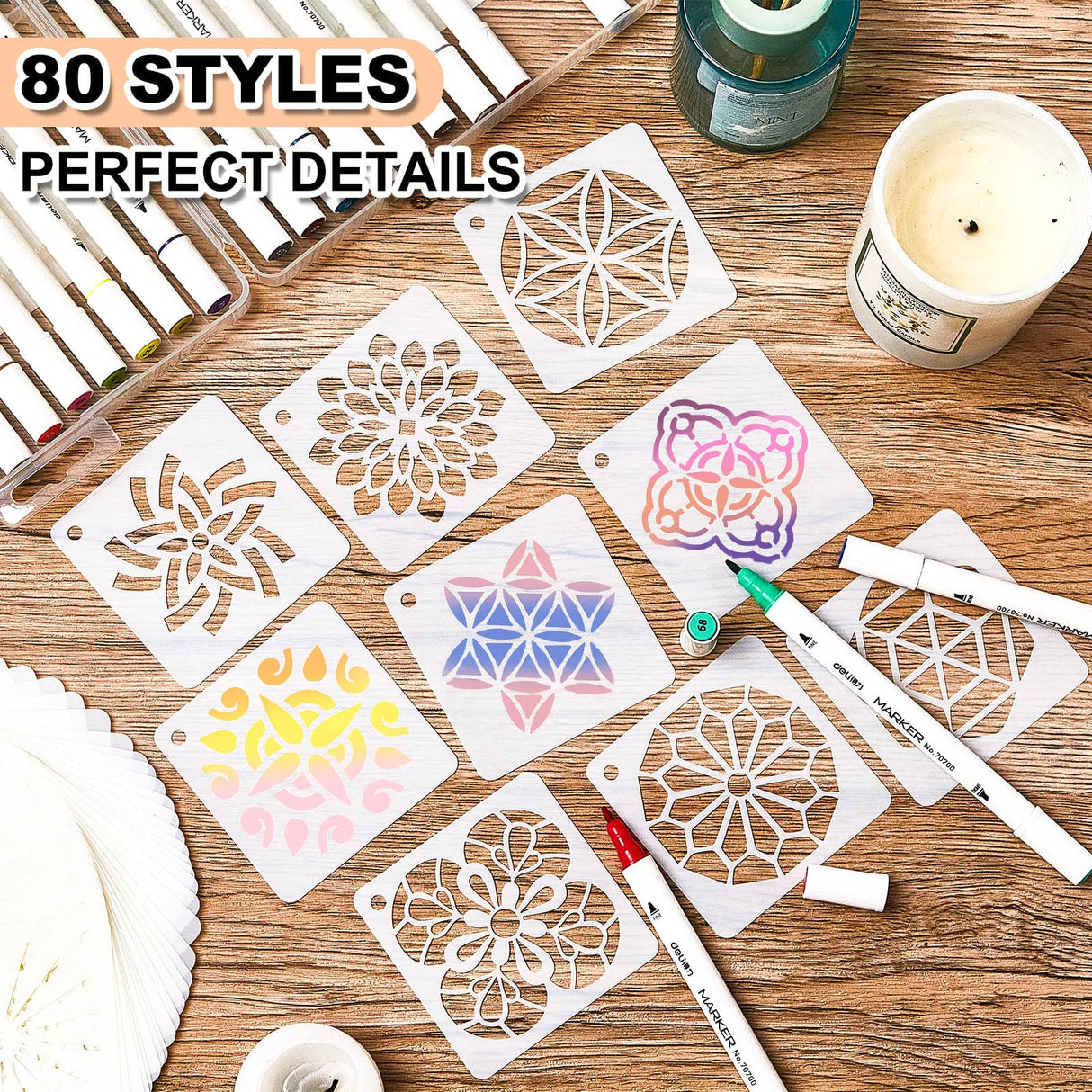 80 Pieces Mandala Stencils 3 x 3 Inch Mandala Painting Art Stencils Reusable Plastic Craft Kits for Wood Rocks Furniture Wall Floor DIY Art Projects Fabric Tile Holiday Decorations Craft Kits Teling