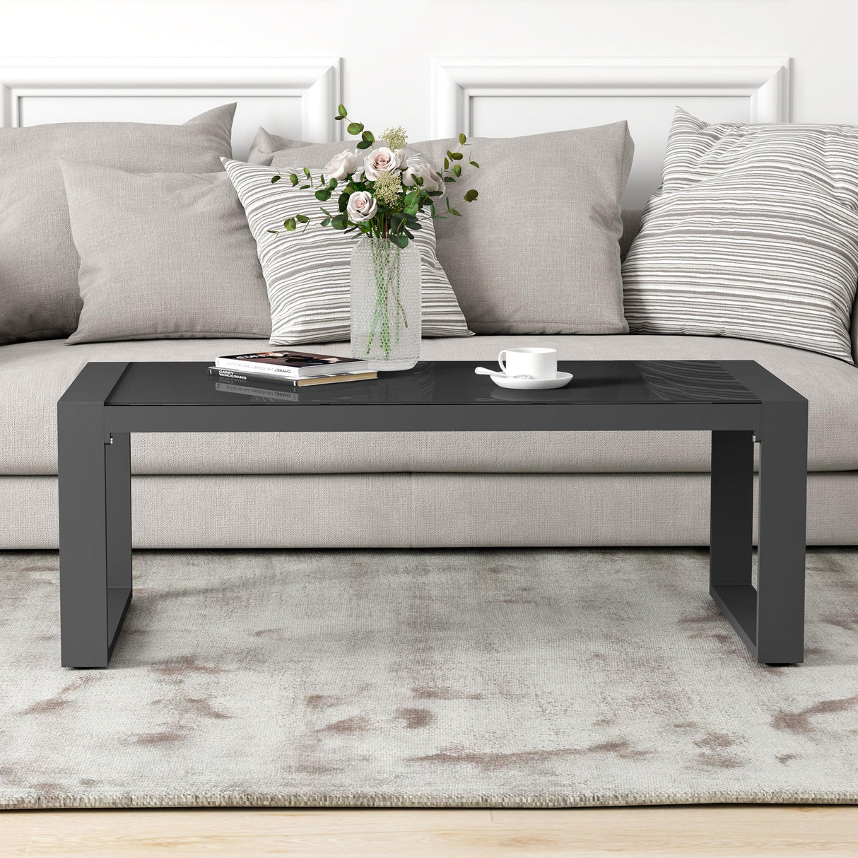 FansaFurn Aluminum Patio Outdoor Coffee Table with Tempered Glass Desktop, U-Frame Modern Patio Coffee Table with Adjustable Feet for Outdoor, Grey FansaFurn