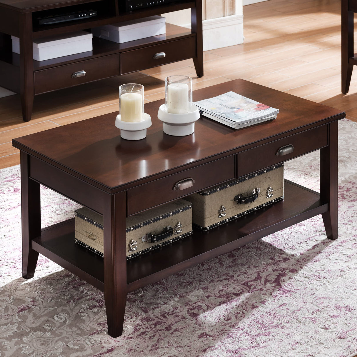 Leick Home 10504 Laurent Two Drawer Coffee Table with Shelf, Chocolate Cherry Leick Home