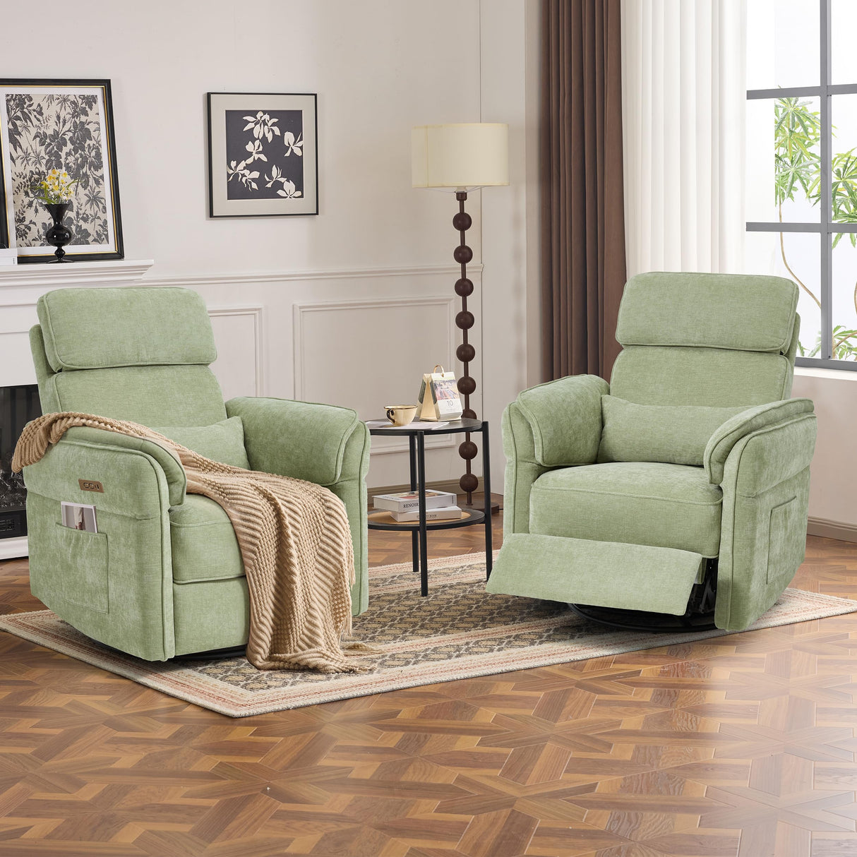 MELLCOM Power Recliner Rocking Chair Nursery Gliders with Adjustable Armrests and Headrest, Swivel Electric Glider Reclining Nursing Chair with USB Port and Storage Bags, FSC Certified(Fabric, Green) MELLCOM