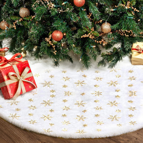 Christmas Tree Skirt 36 Inch, Holiday Part Decorations for Christmas Tree, Whit Plush Gold Sequin Snowflake Tree Shirt for Xmas SRISE