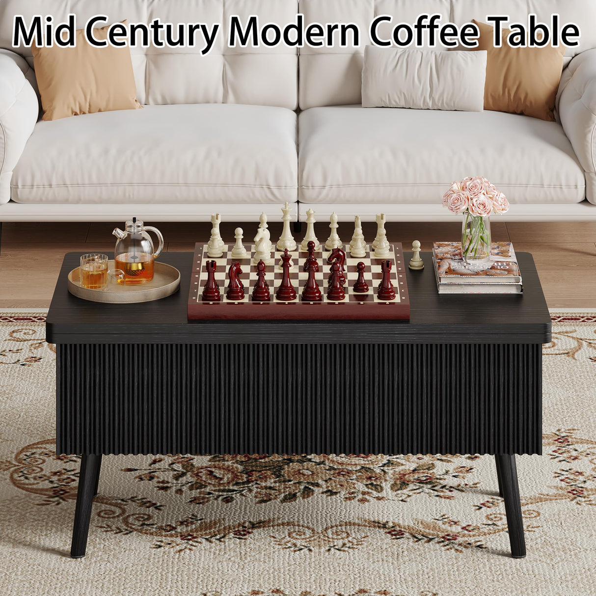 Cakhdry 40" Lift Top Coffee Table, 4 in 1 Multi-Function Coffee Tables with Storage Drawers and Expandable Desktop, Mid Century Modern Fluted Dining Table Center Table for Living Room, Black Cakhdry