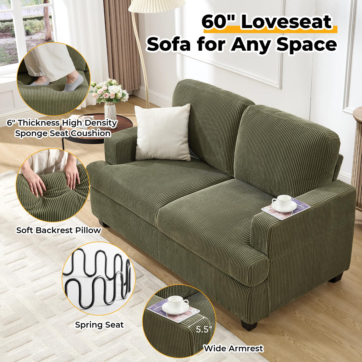 HOMYKA Loveseat Sofa, 60" Corduroy Couch with Side Pocket, Removable Pillow and Cushion Cover 2 seat Couches, Comfy Modern Small Couch for Living Room, Small Spaces, Dorms, Office, Green HOMYKA