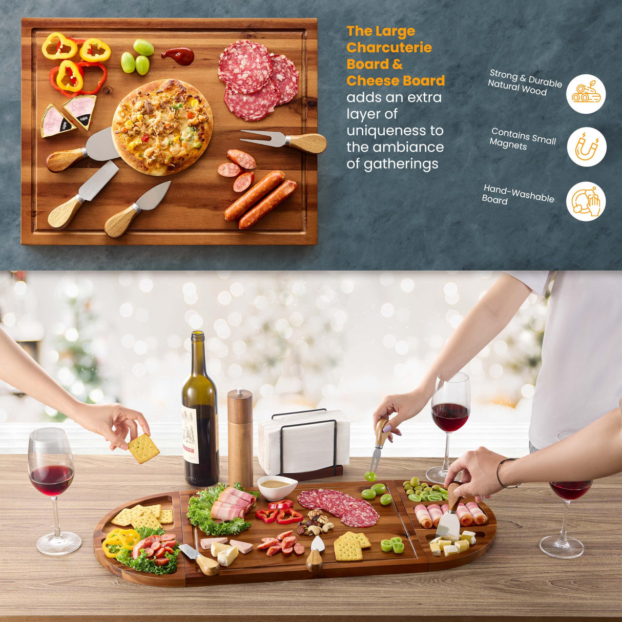 TIDITA Acacia Large Charcuterie Board & 4 Knives Set - 3 Part Long & Round Magnetic Cheese Boards Wooden - Extra Large Charcuterie Board Serving Platter - Acacia Wood Serving Board (30 x 13 Inch) Tidita