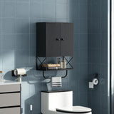 MAHANCRIS Bathroom Wall Cabinet with 2 Door and Adjustable Shelf, Farmhouse Medicine Cabinet with Towel Rack, 3-Tier Wall Mounted Storage Cabinet Over The Toilet for Bathroom Laundry Room, Black MAHANCRIS