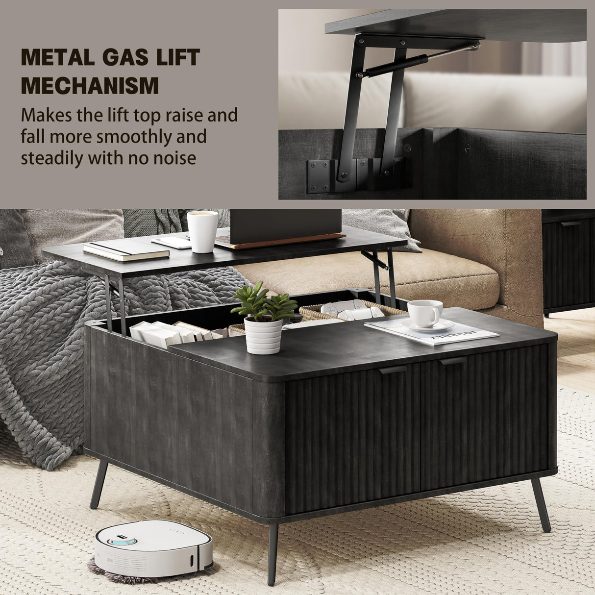 Fatmok Coffee Table, Lift Top Coffee Table for Living Room, 35.4" Square Coffee Table with Storage, Modern Fluted Center Table with Hidden Storage Compartment, Large Rustic Coffee Table, Black Fatmok