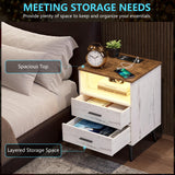 LVSOMT Nightstands Set of 2, White Nightstand with Charging Station, Night Stands with Human Body Induction, Bedside Tables with 2 Drawers, Open Shelf, Modern Night Stand for Bedroom LVSOMT