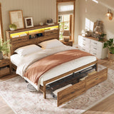 VASAGLE King Bed Frame with Storage Headboard, 51.3-Inch Tall Farmhouse Bed Frame King Size with 4 Drawers, LED Lights, Charging Station, Noise-Free, No Box Spring Needed, Honey Brown URMB424K01S VASAGLE