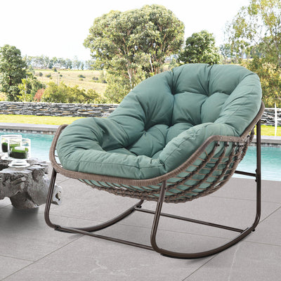 Villeston Outdoor Papasan Rocking Chair - Oversized Comfy Patio Chair Indoor Egg Royal Rattan Rocking Chair with Cushion for Front Porch Lounge Lawn Bedroom Living Room (Grass Green)