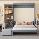 Queen Size Murphy Bed Wall Bed with Sofa and Shelves,Versatile Convertible Wooden Bed Frame,Space-Saving for Multipurpose Guest Room or Home Office (Gray) GYYBED