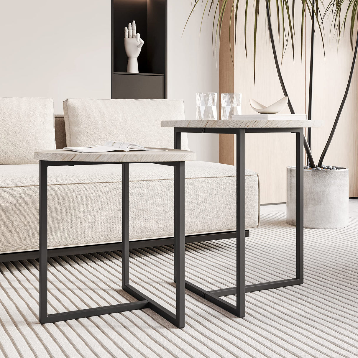 HOJINLINERO Round Coffee Table Set of 2 End Tables for Living Room,Black Small Coffee Table Living Room Table,Metal Frame & Wood Look,Sturdy and Easy Assembly,Stacking Side Tables Bedroom,White HOJINLINERO