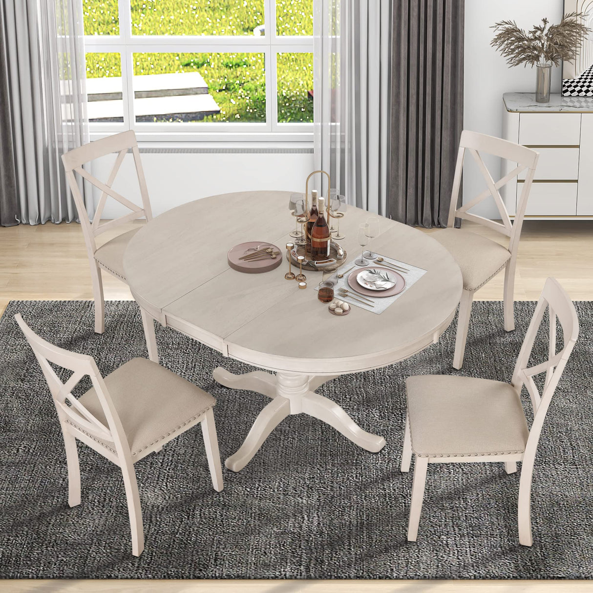 Voohek 5-Piece Kitchen Dining Set for 4, with Extendable Round Wood Table and Chair, Classic Family Furniture for Dinette, Compact Space, Antique White Voohek