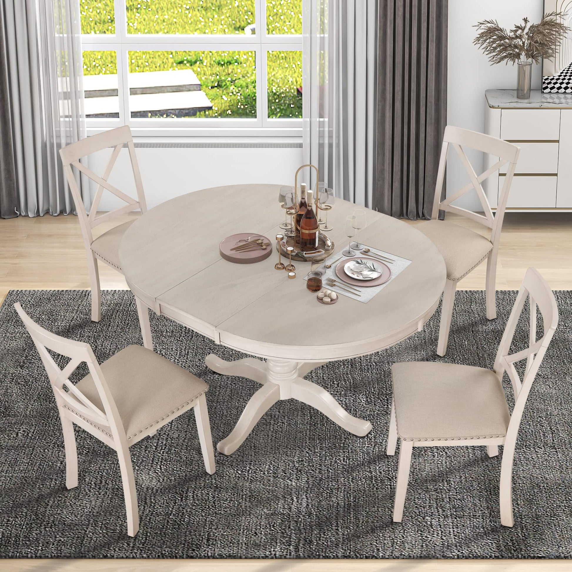 Voohek 5-Piece Kitchen Dining Set for 4, with Extendable Round Wood Table and Chair, Classic Family Furniture for Dinette, Compact Space, Antique White - WoodArtSupply