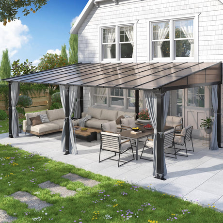 COVERONICS 12' X 20' Outdoor Polycarbonate Lean to Gazebo - Wall-Mounted Aluminum Frame Gazebo with Slope Hardtop, Patio Heavy-Duty Lean to Pergola with Netting & Curtains for Garden, Backyard, Deck COVERONICS