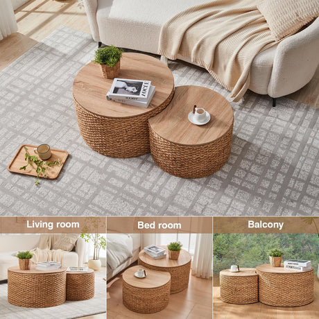 Giofanzo Round Nesting Coffee Table Set of 2 with Storage - Handwoven Wicker Rattan Ottoman Style, Boho Coastal Coffee Tables for Living Room, Rattan Coffee Table with Cushion Base & Solid Wood Cover Giofanzo