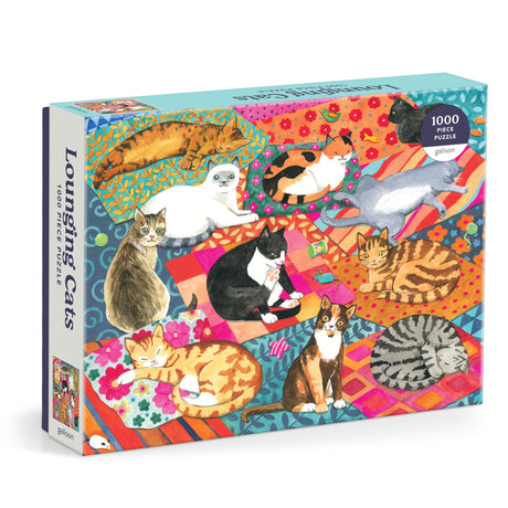Galison Lounging Cats – 1000 Piece Jigsaw Puzzle Featuring Beautiful Artwork of A Variety of Feline Friends Lounging On Colorful Quilts Galison