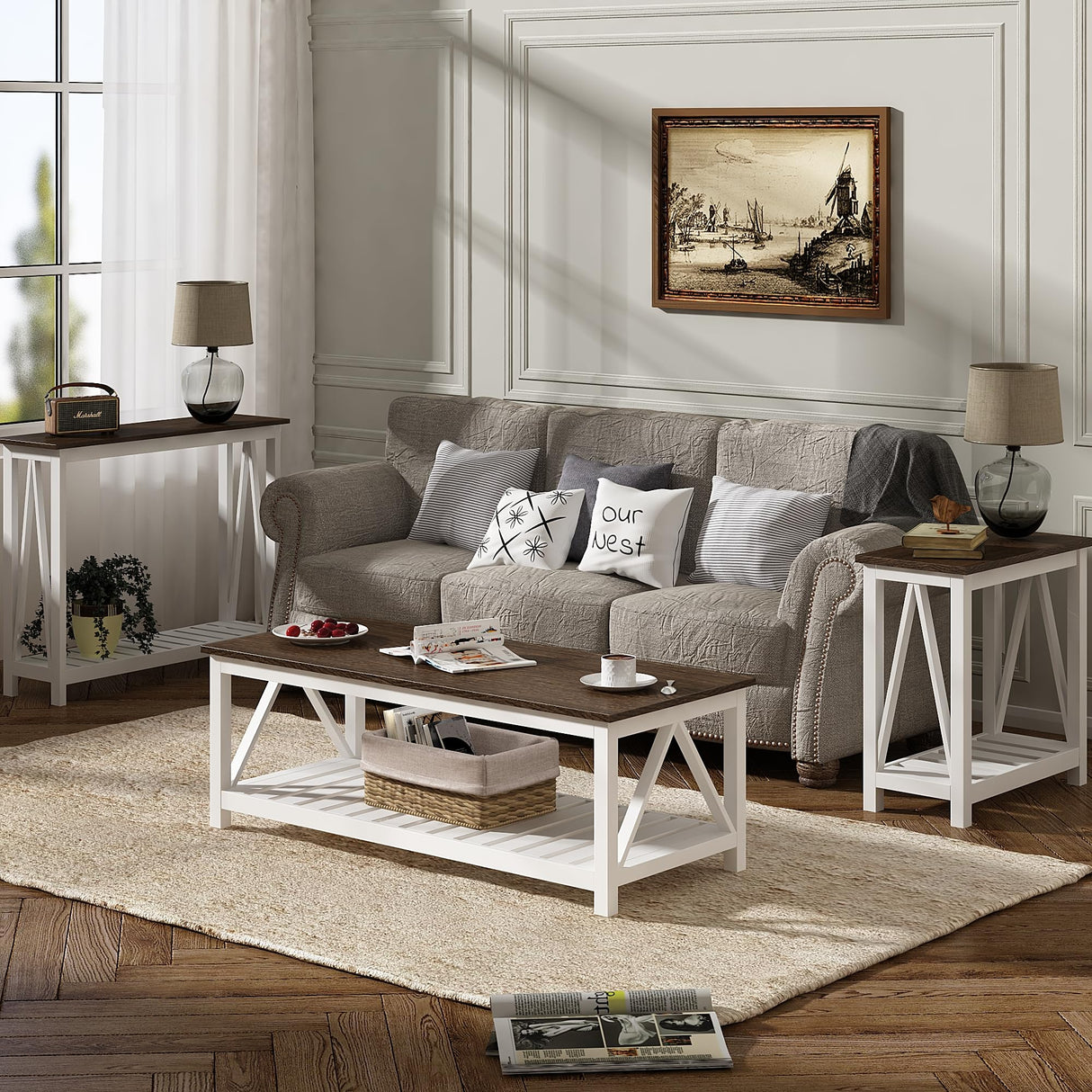 ChooChoo Farmhouse Coffee Table, Rustic Vintage Living Room Table with Shelf, 47 White ChooChoo