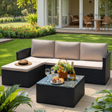 Devoko Patio Conversation Set 4 Piece Outdoor Furniture Sets PE Wicker Rattan Patio Sofa Sectional Adjustable All-Weather with Cushions and Glass Table for Porch Backyard Poolside, Beige Devoko